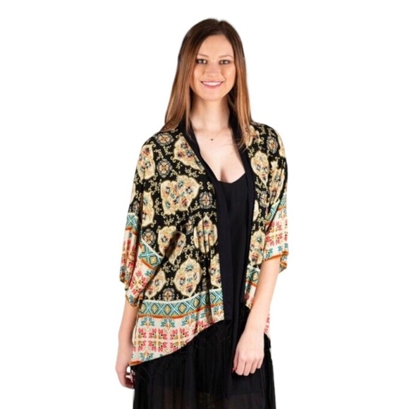 Flying Tomato Open Front Kimono Cardigan Fringe Boho Black  Women's Size Large - Picture 1 of 8